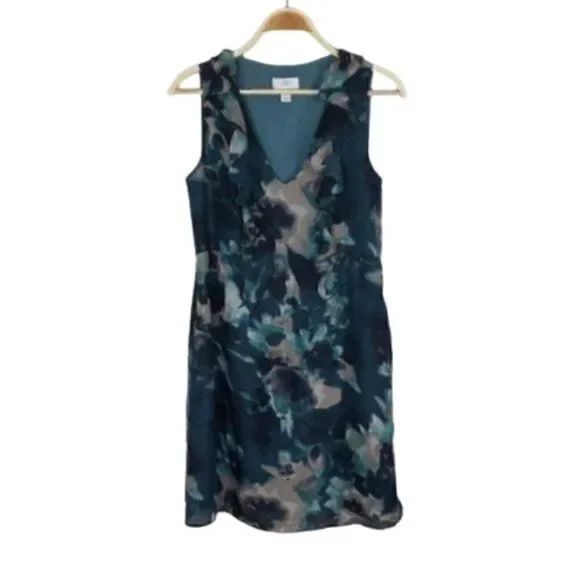 LOFT Teal Ruffled Sleeveless Printed Shift Dress - Picture 1 of 5